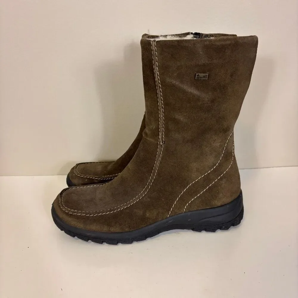 Rieker Brown Suede Fur Lined Mid Calf Winter Boots Women's 40 = 8.5
